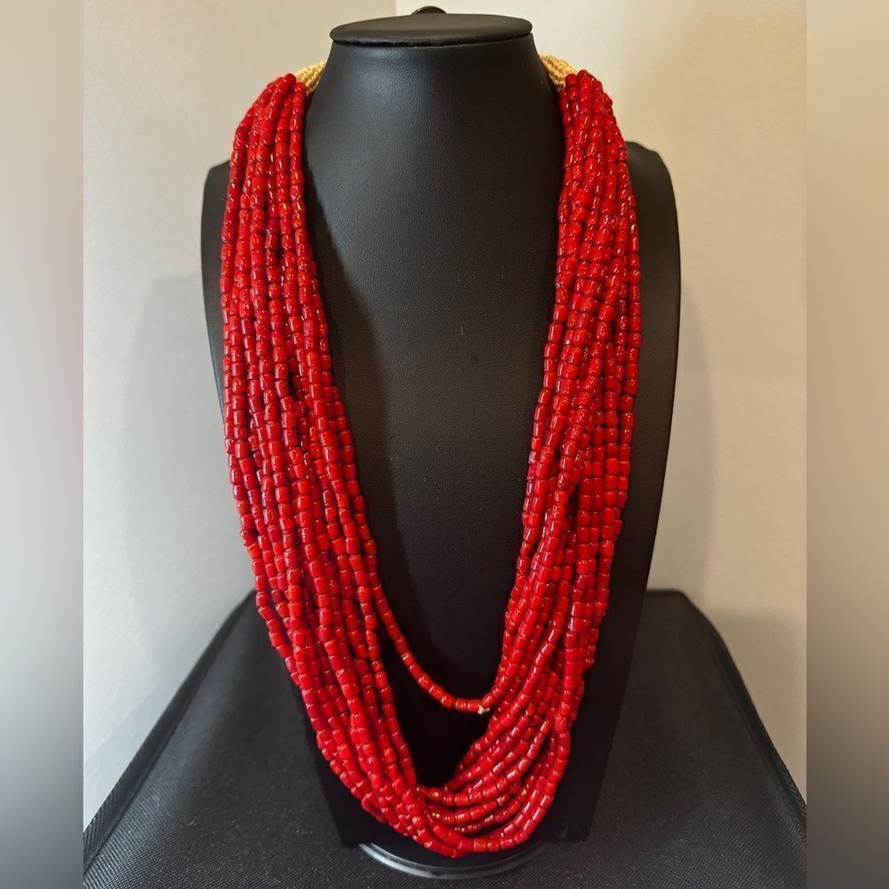 24" and 15 strands‎ of "red coral" glass beads with 1950 Anna coin clasp!